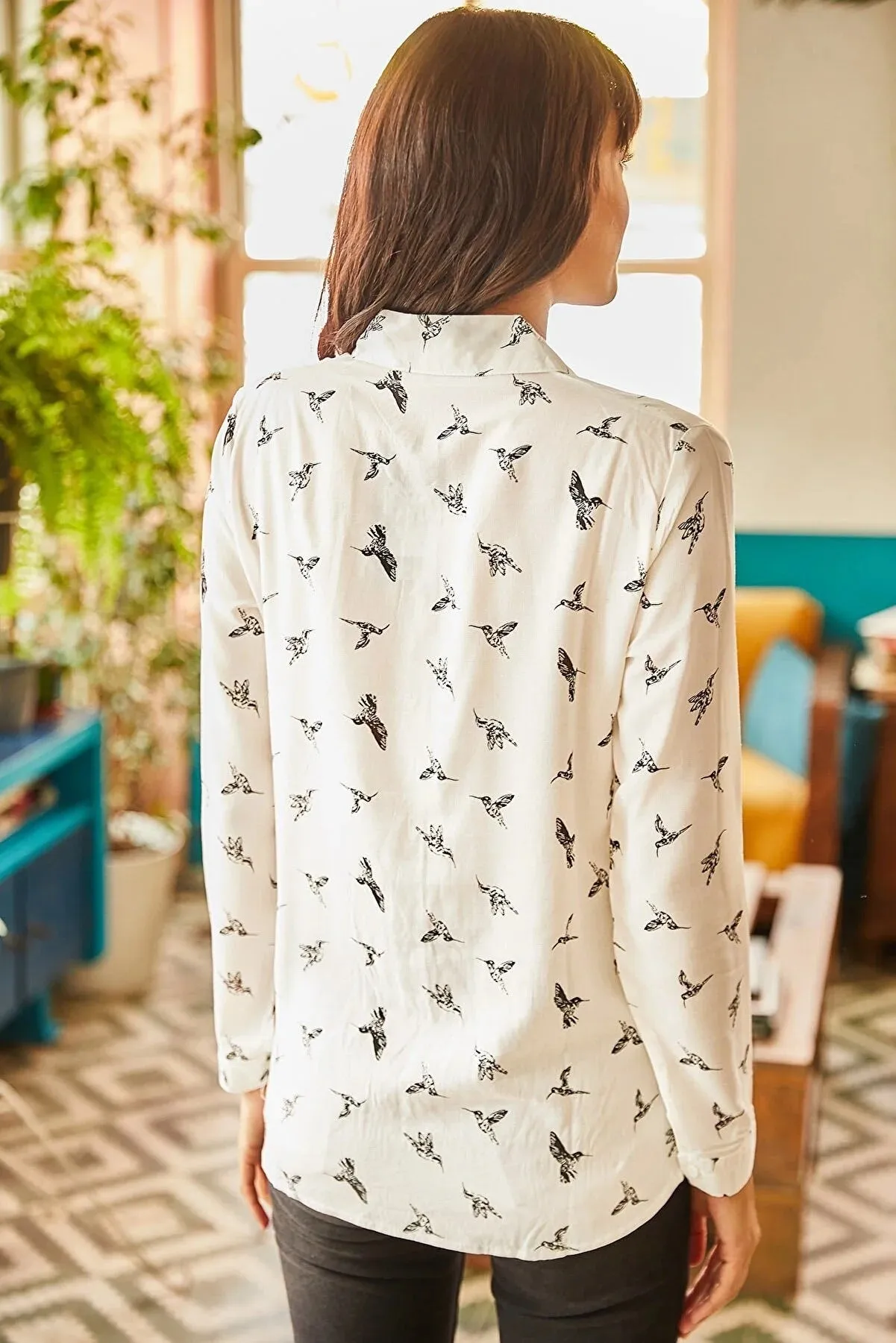 Bird Print Button Down White Blouse