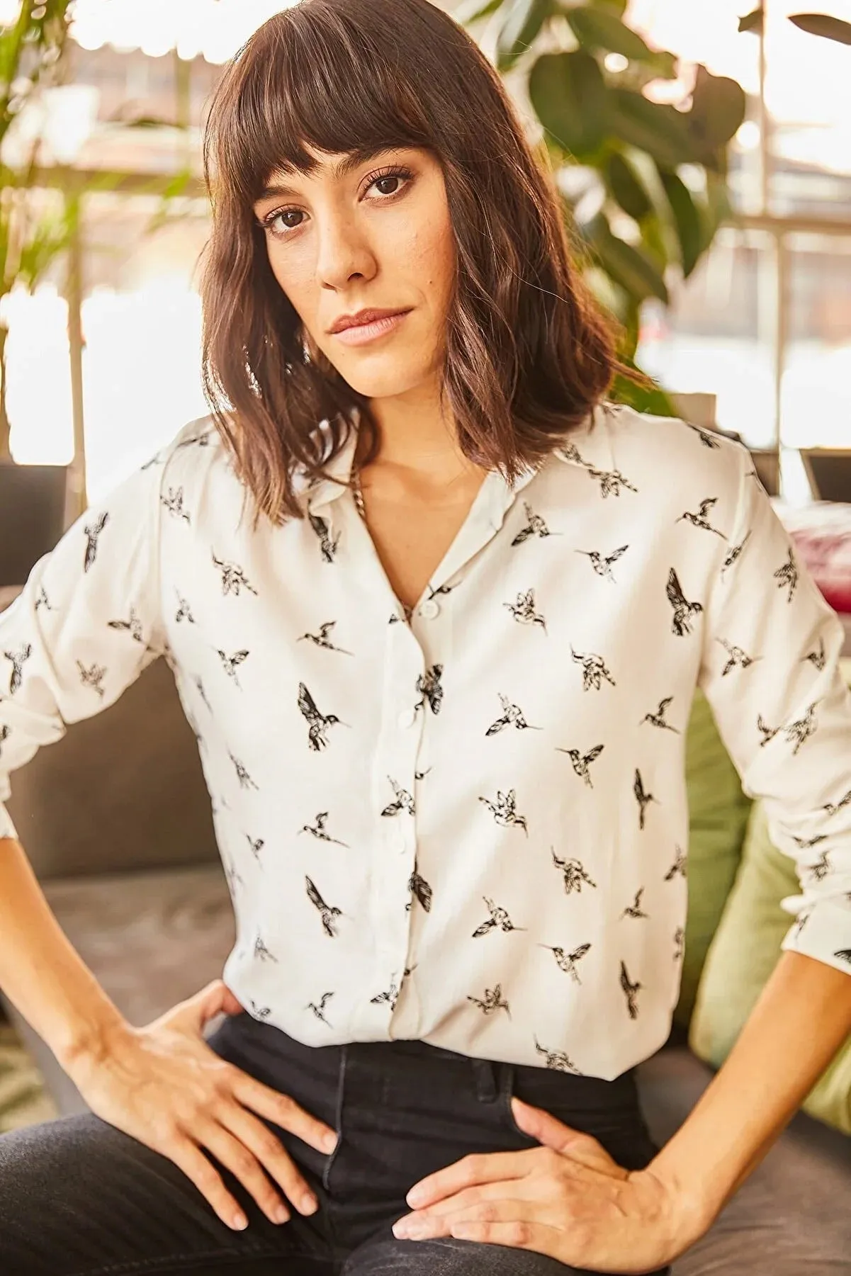 Bird Print Button Down White Blouse