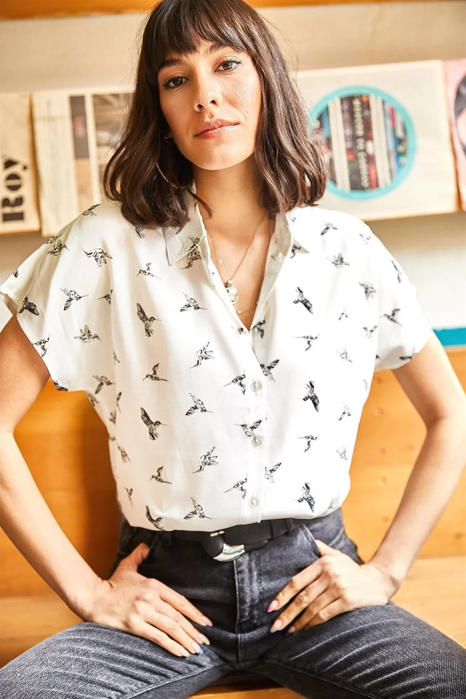 Bird Print Short Sleeve Blouse
