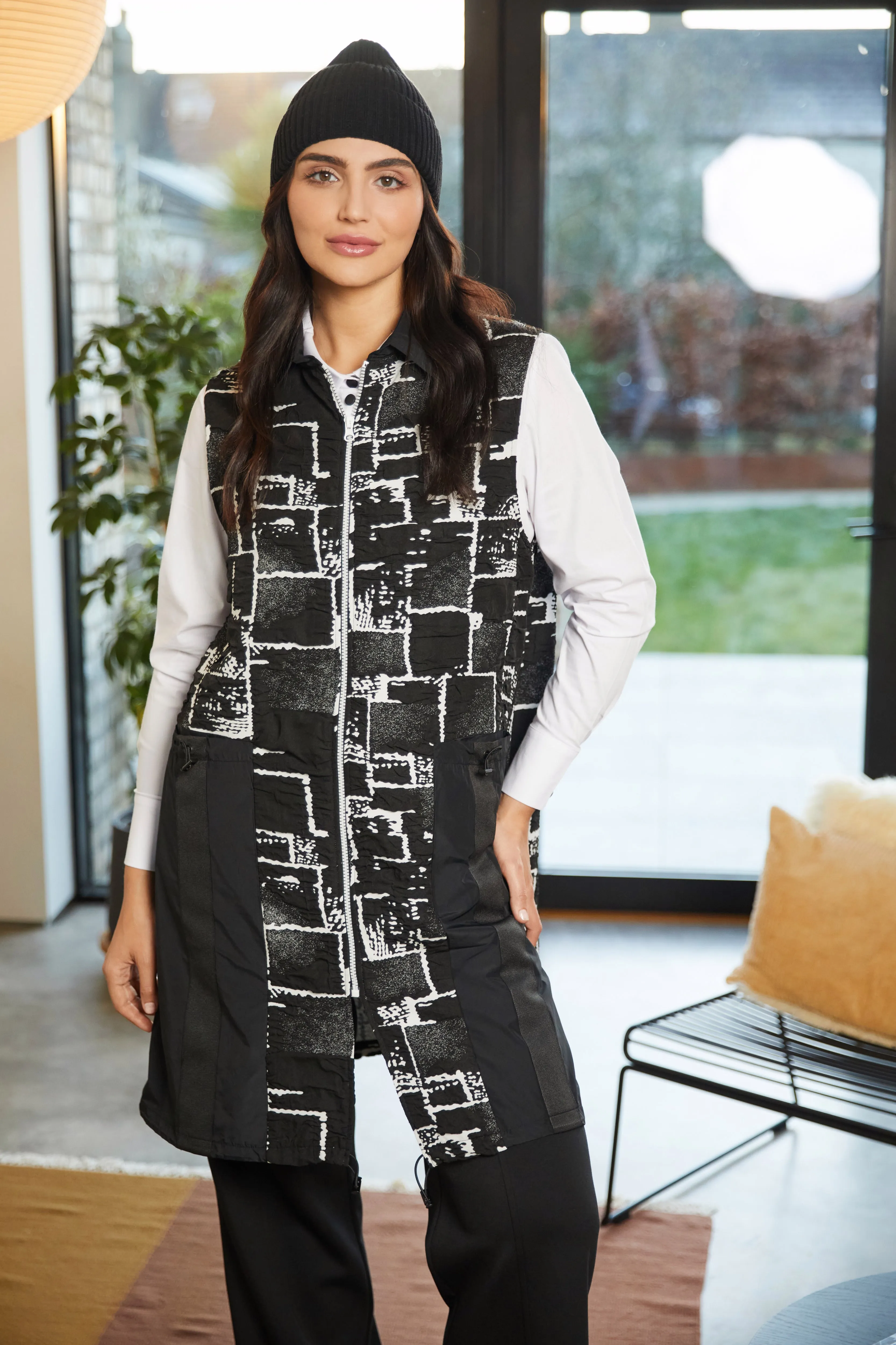 Black & White Gilet with Contrast Panels & Zip Detail