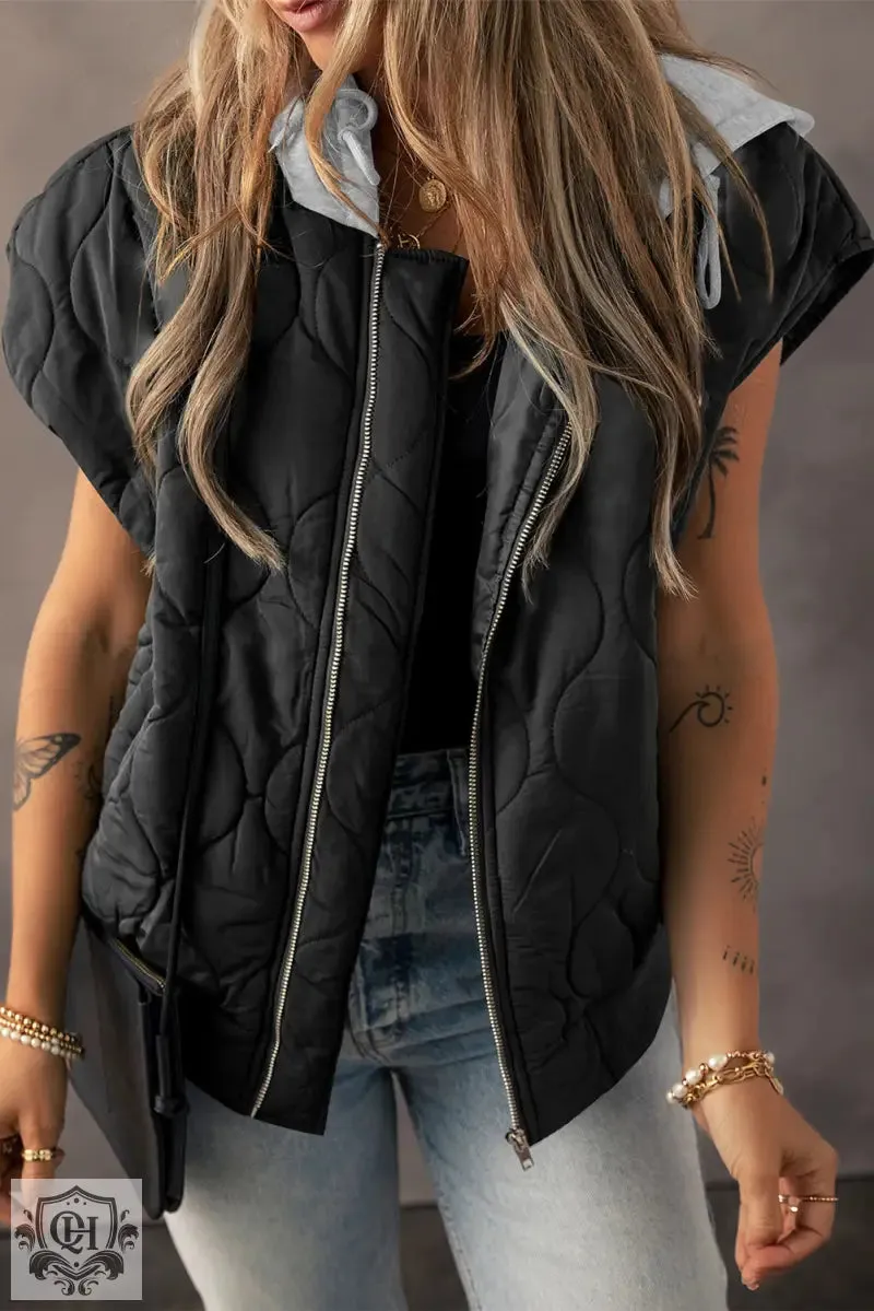 Black Quilted Drawstring Hooded Zip Up Puffer Vest