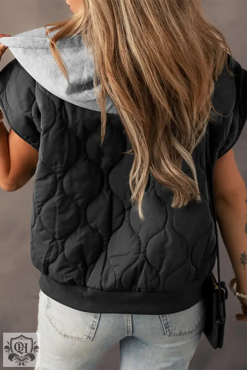 Black Quilted Drawstring Hooded Zip Up Puffer Vest