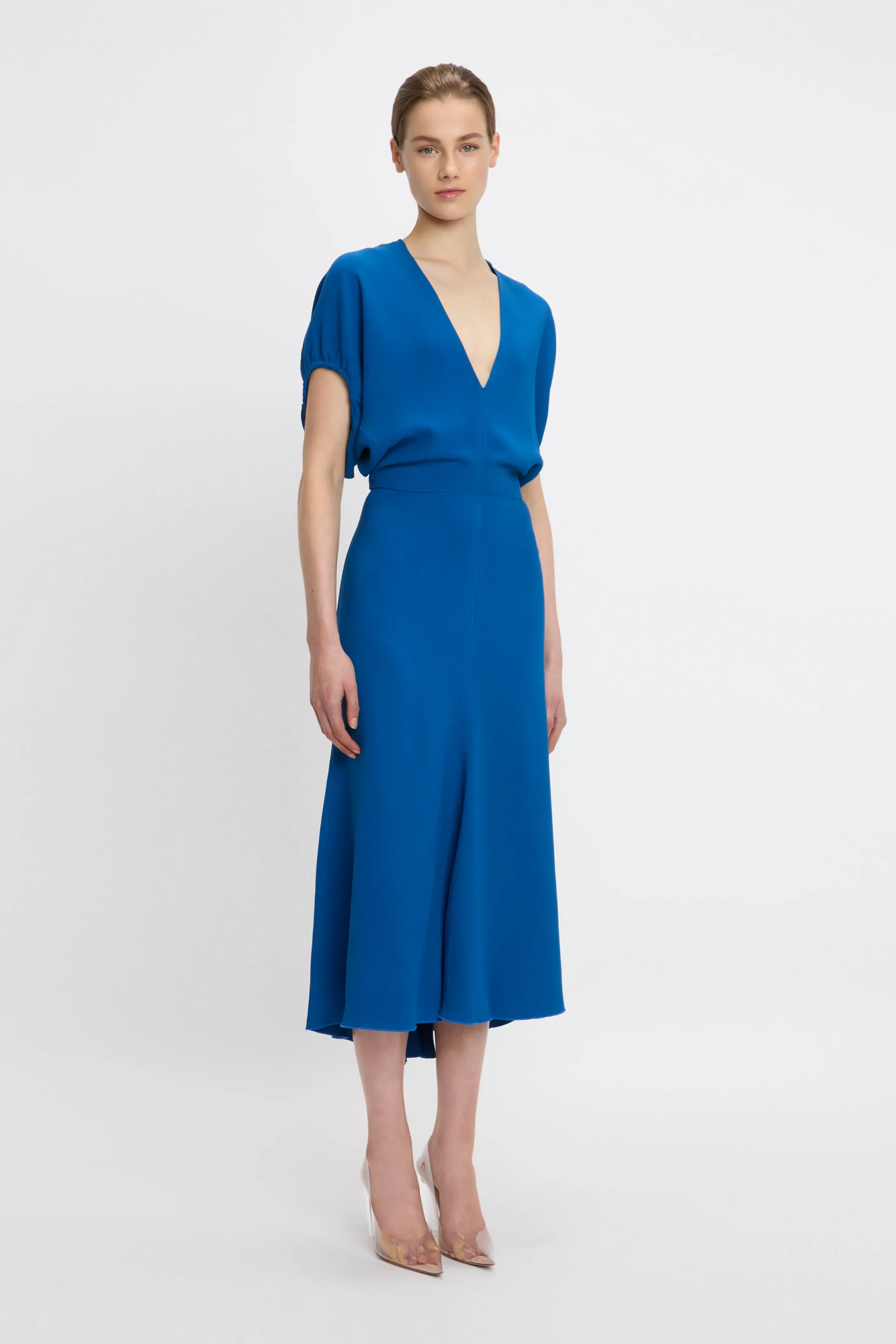 Blouson Detail Midi Dress In Sapphire Blue