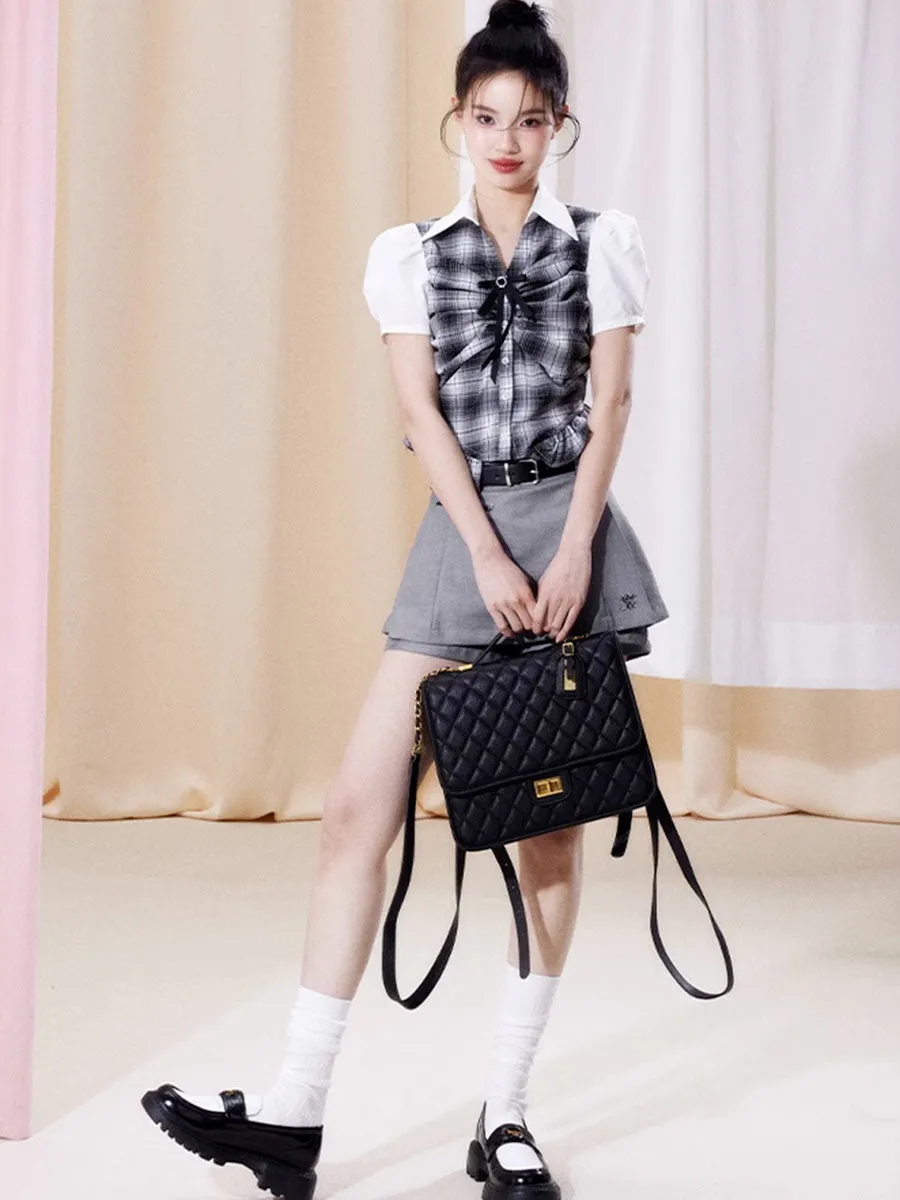Bubble Sleeve Plaid Shirt Top   Fake Two Piece Shorts Set