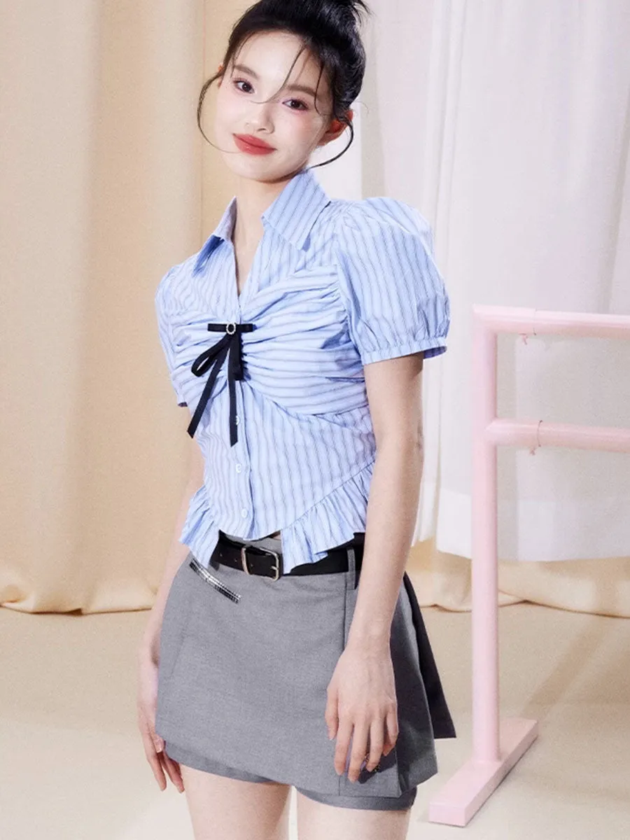Bubble Sleeve Plaid Shirt Top   Fake Two Piece Shorts Set