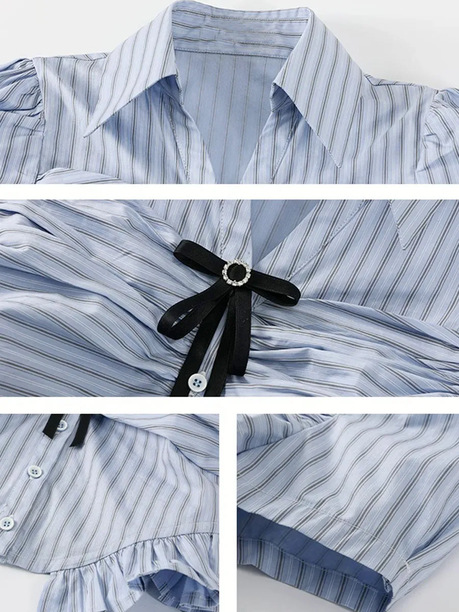 Bubble Sleeve Plaid Shirt Top   Fake Two Piece Shorts Set