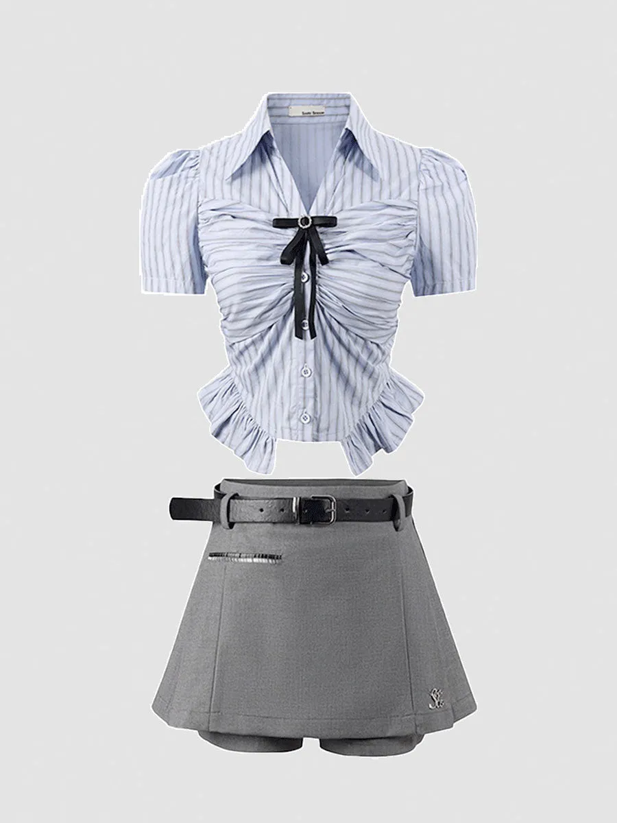 Bubble Sleeve Plaid Shirt Top   Fake Two Piece Shorts Set