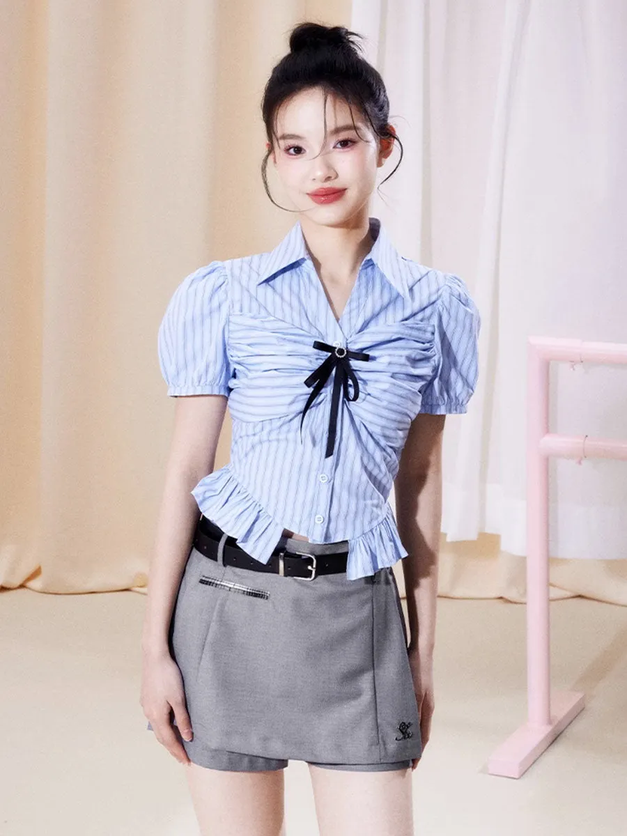 Bubble Sleeve Plaid Shirt Top   Fake Two Piece Shorts Set
