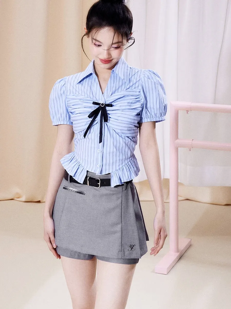 Bubble Sleeve Plaid Shirt Top   Fake Two Piece Shorts Set