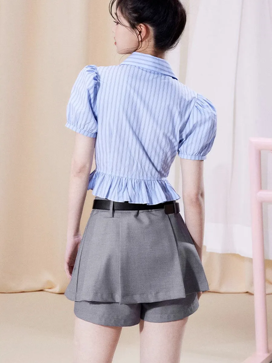 Bubble Sleeve Plaid Shirt Top   Fake Two Piece Shorts Set