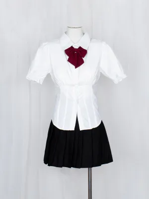Button-Up Shirt Crop Top with Red Bow-tie