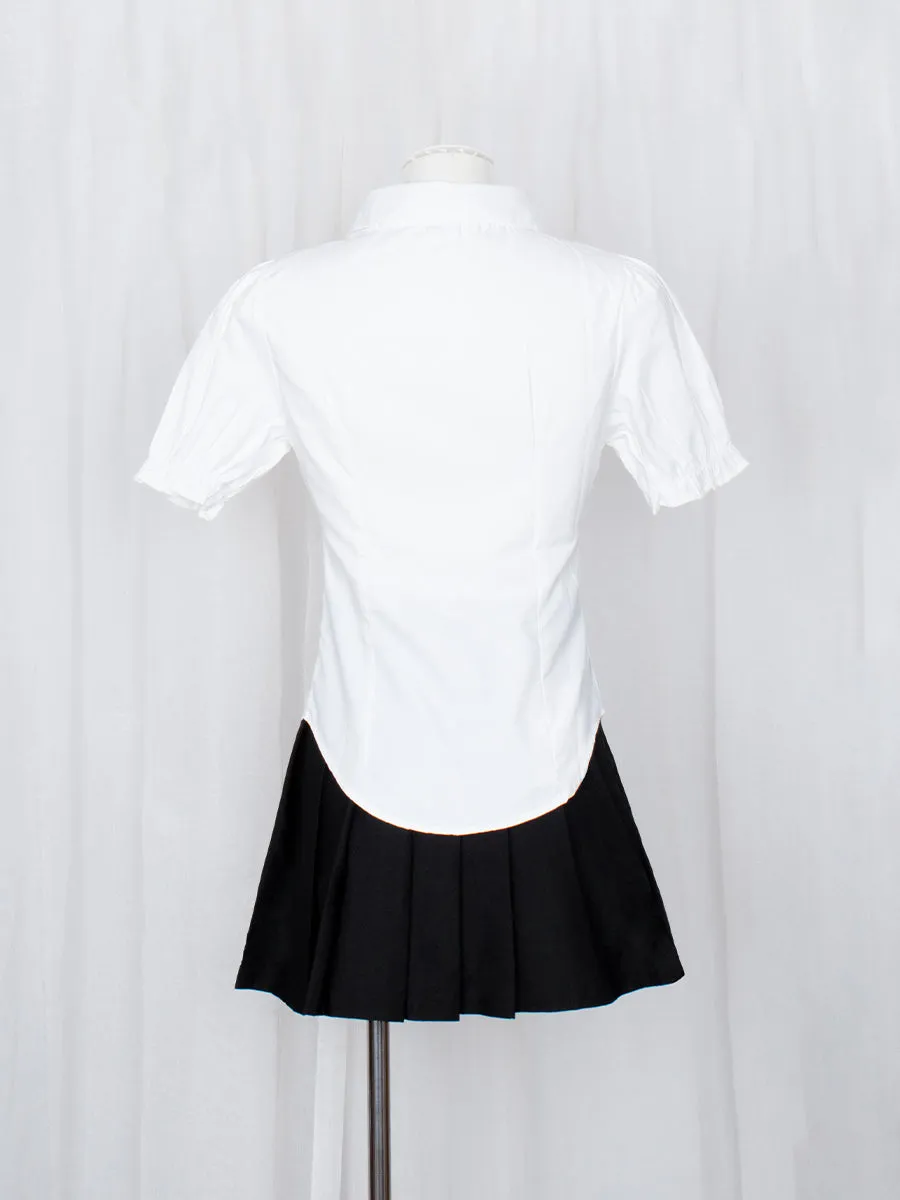Button-Up Shirt Crop Top with Red Bow-tie