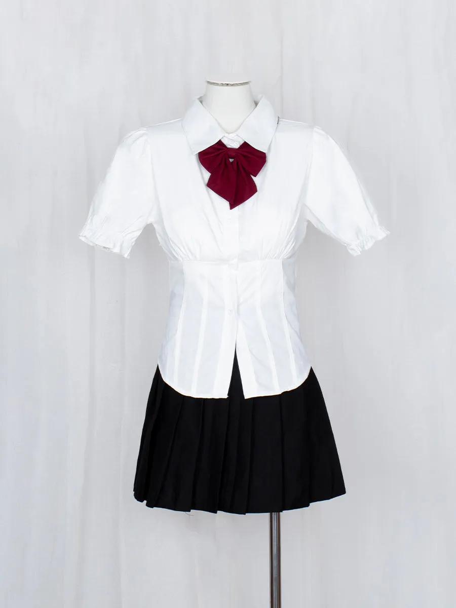 Button-Up Shirt Crop Top with Red Bow-tie