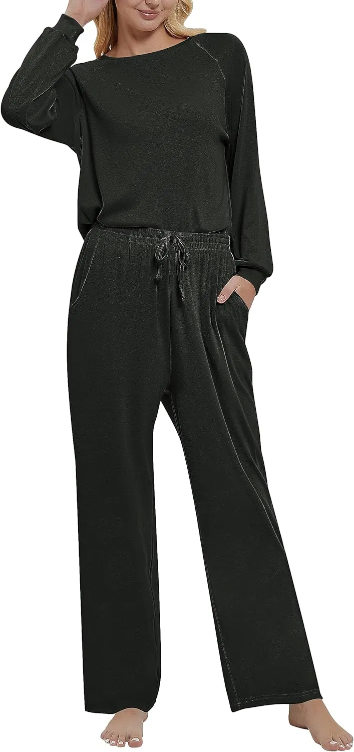 Cakulo Postpartum Sets 2 Pieces for Women Plus Size Comfy Loungewear Pajama Leisure Matching Set Cozy Long Sleeve Top Pants Black XL