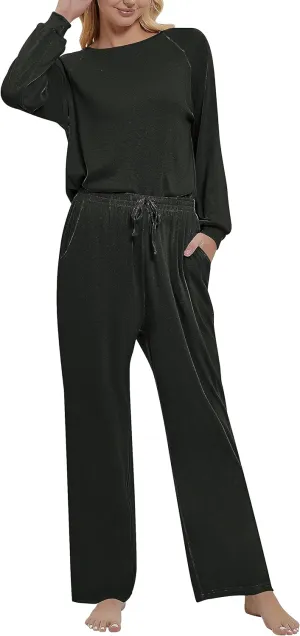 Cakulo Postpartum Sets 2 Pieces for Women Plus Size Comfy Loungewear Pajama Leisure Matching Set Cozy Long Sleeve Top Pants Black XL