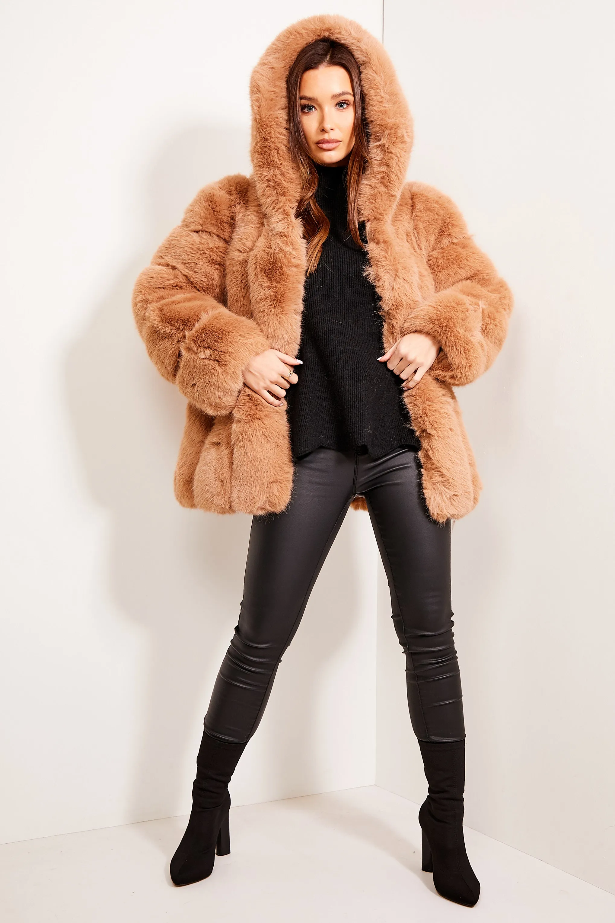 Camel Faux Fur Panelled Hooded Coat