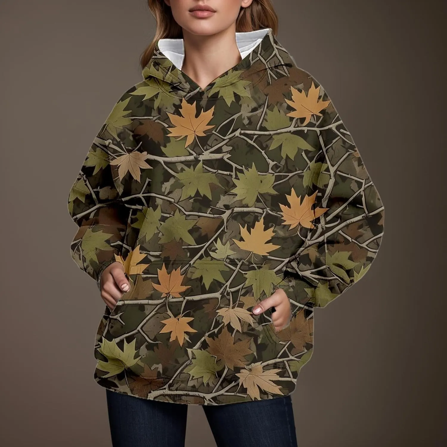 Camo Hoodie Womens Maple Leaf Graphic Fleece Hooded Sweatshirt Oversized Hoodies For Women Trendy Cute Leopard Print Tops