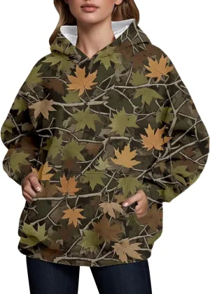 Camo Hoodie Womens Maple Leaf Graphic Fleece Hooded Sweatshirt Oversized Hoodies For Women Trendy Cute Leopard Print Tops
