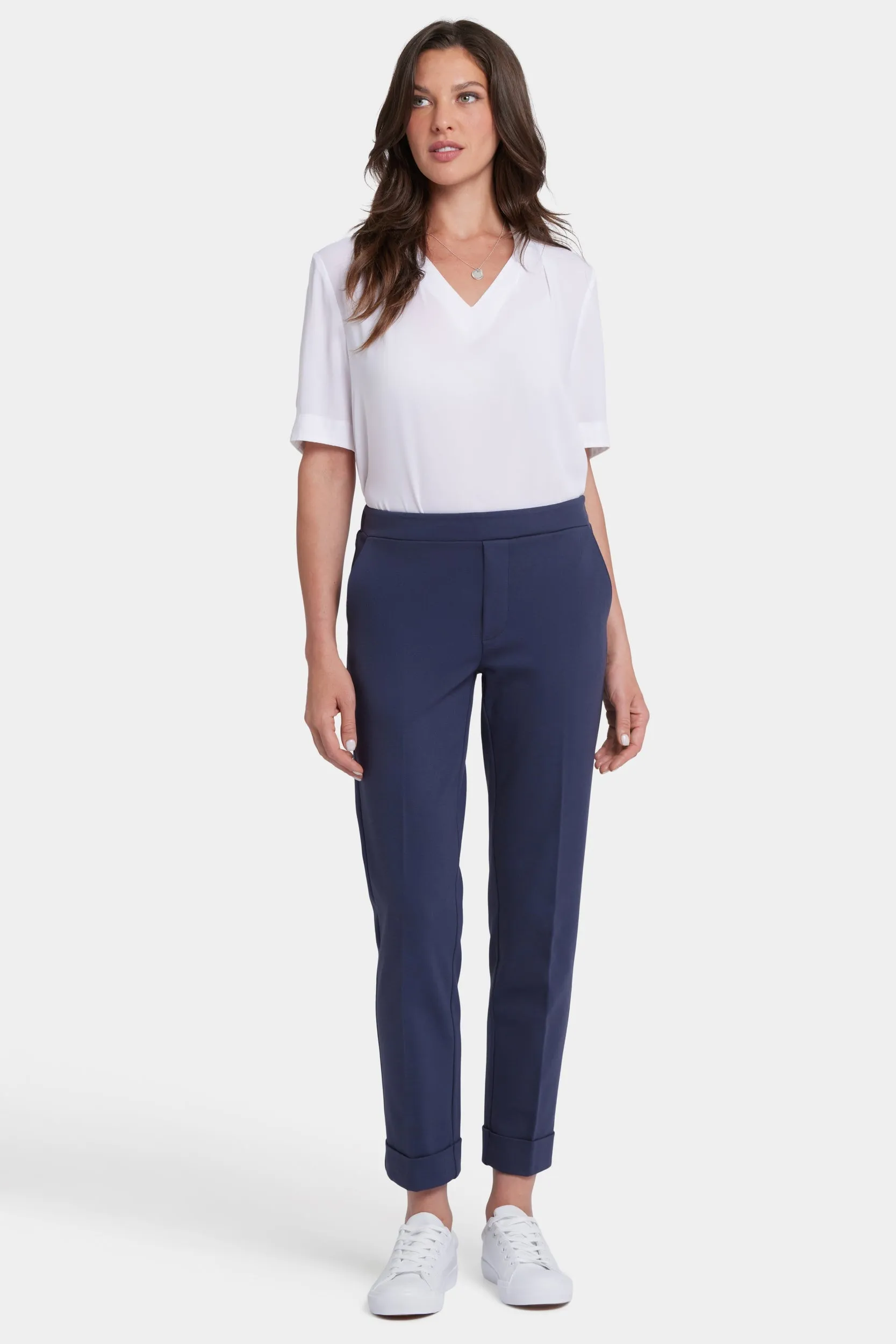 Cassidy Ankle Pull-On Trouser Pants In Ponte Knit With Cuffs | Oxford Navy