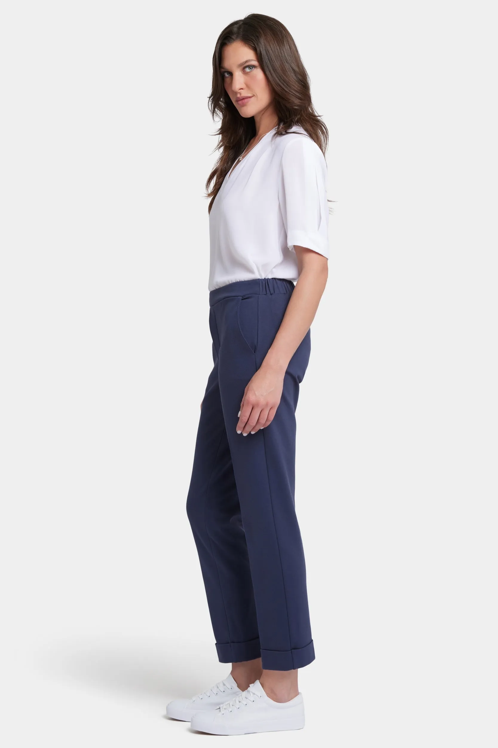 Cassidy Ankle Pull-On Trouser Pants In Ponte Knit With Cuffs | Oxford Navy
