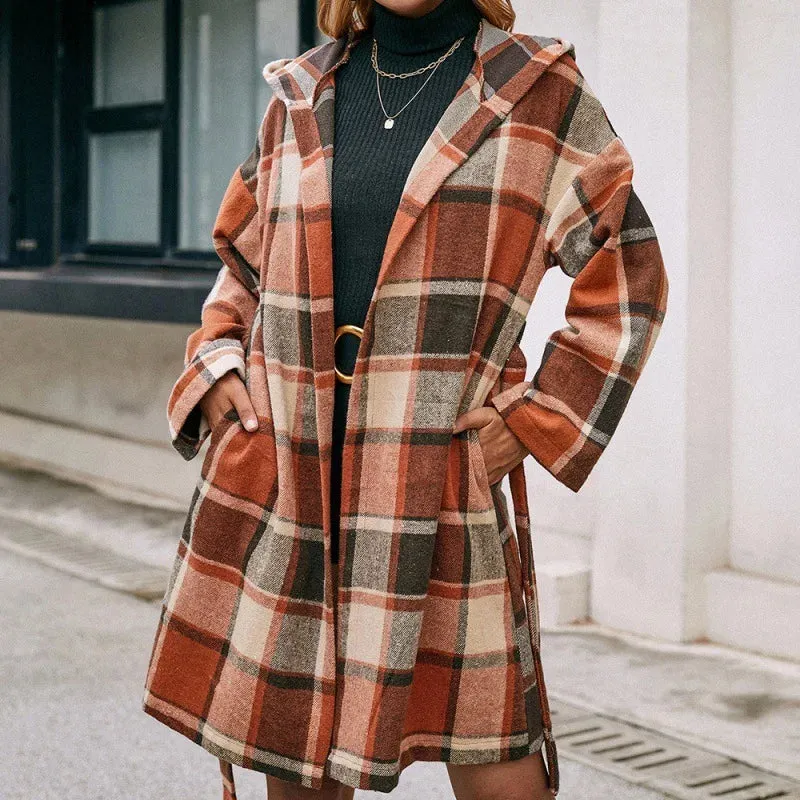 Casual Plaid Mid-Length Belted Hooded Coat
