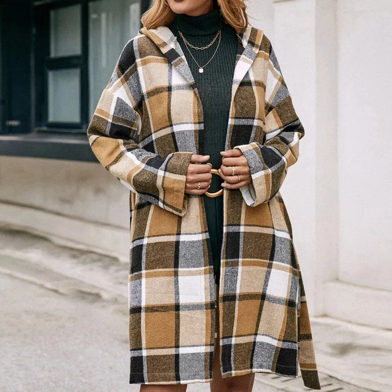 Casual Plaid Mid-Length Belted Hooded Coat