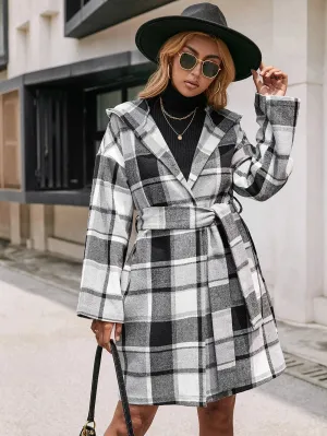 Casual Plaid Mid-Length Belted Hooded Coat