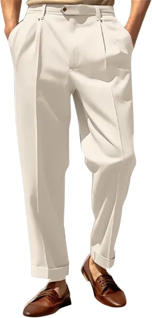 Casual Slim Fit Pants for Mens Fly Button Straight Leg Trousers with Pocket Lightweight Pleated Stretch Golf Work Chino Pants