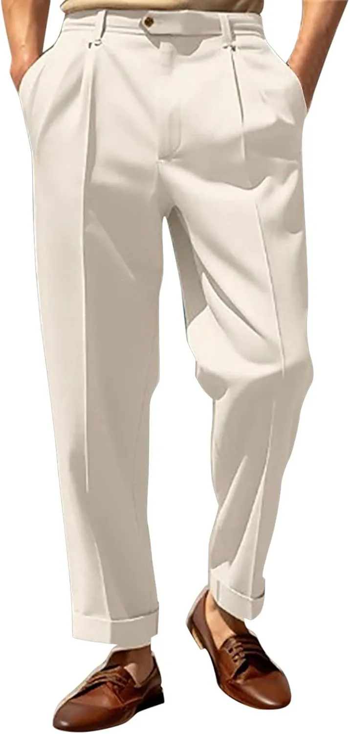 Casual Slim Fit Pants for Mens Fly Button Straight Leg Trousers with Pocket Lightweight Pleated Stretch Golf Work Chino Pants