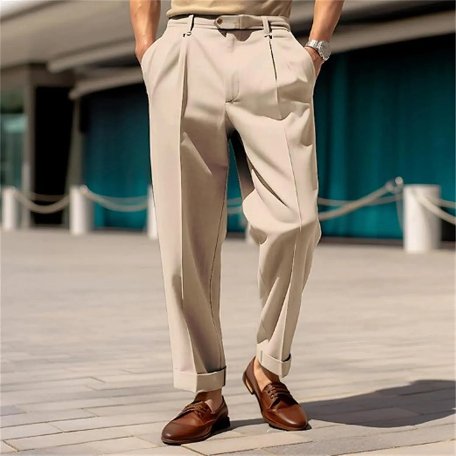 Casual Slim Fit Pants for Mens Fly Button Straight Leg Trousers with Pocket Lightweight Pleated Stretch Golf Work Chino Pants