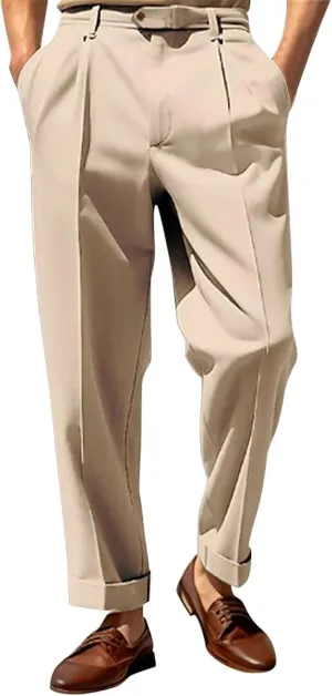 Casual Slim Fit Pants for Mens Fly Button Straight Leg Trousers with Pocket Lightweight Pleated Stretch Golf Work Chino Pants