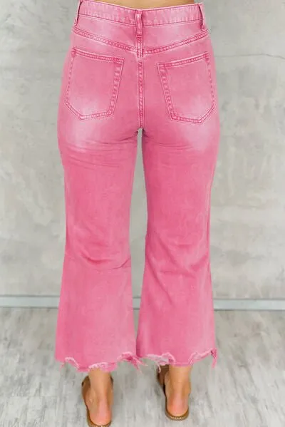 Chic Distressed Denim Jeans with Trendy Raw Hem and Practical Pockets