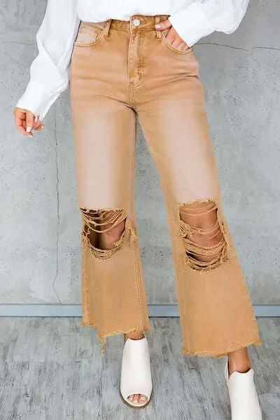 Chic Distressed Denim Jeans with Trendy Raw Hem and Practical Pockets