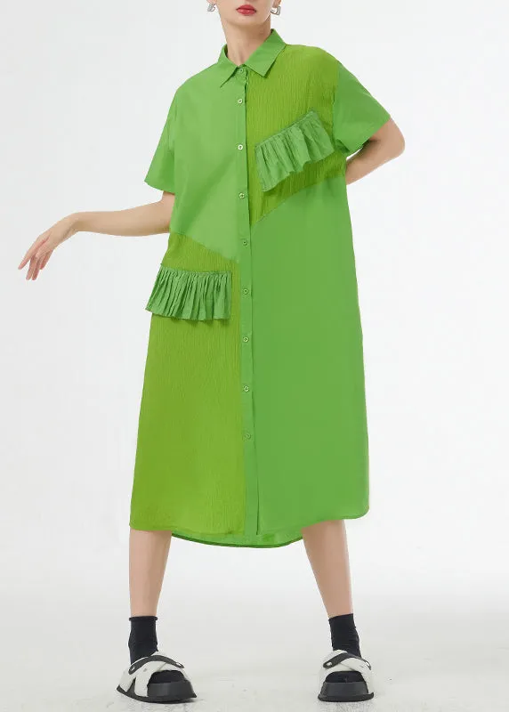 Chic Grass Green Ruffled Button Patchwork Cotton Shirts Dress Summer LY9527