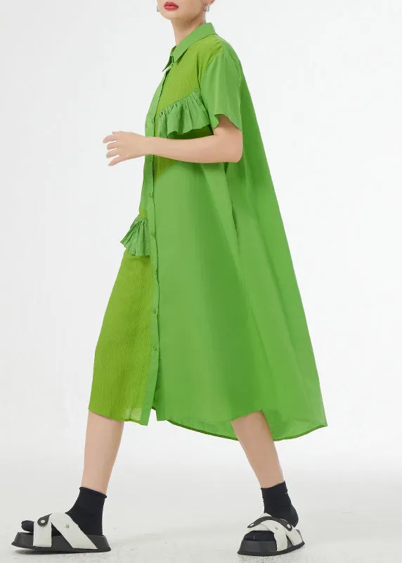 Chic Grass Green Ruffled Button Patchwork Cotton Shirts Dress Summer LY9527