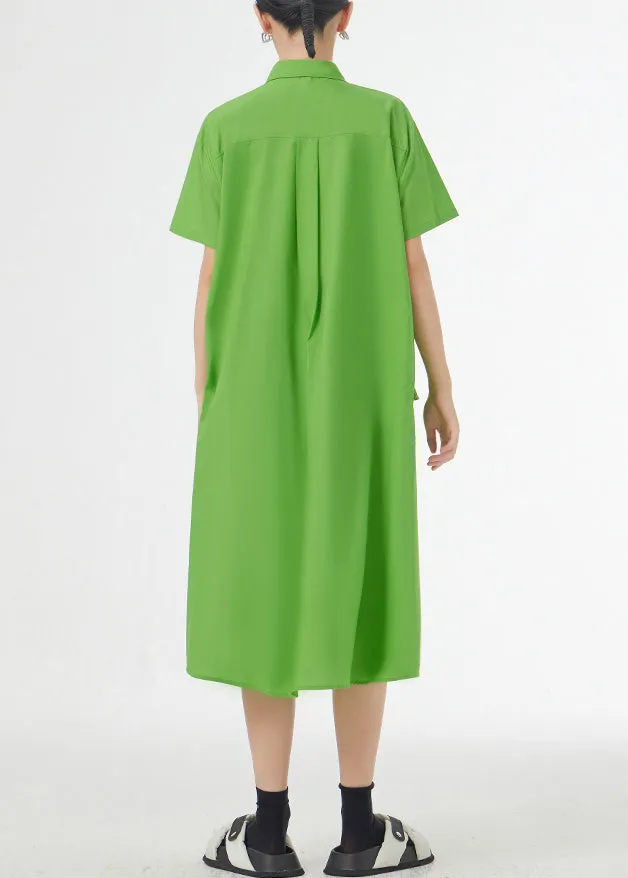Chic Grass Green Ruffled Button Patchwork Cotton Shirts Dress Summer LY9527