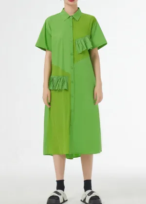 Chic Grass Green Ruffled Button Patchwork Cotton Shirts Dress Summer LY9527