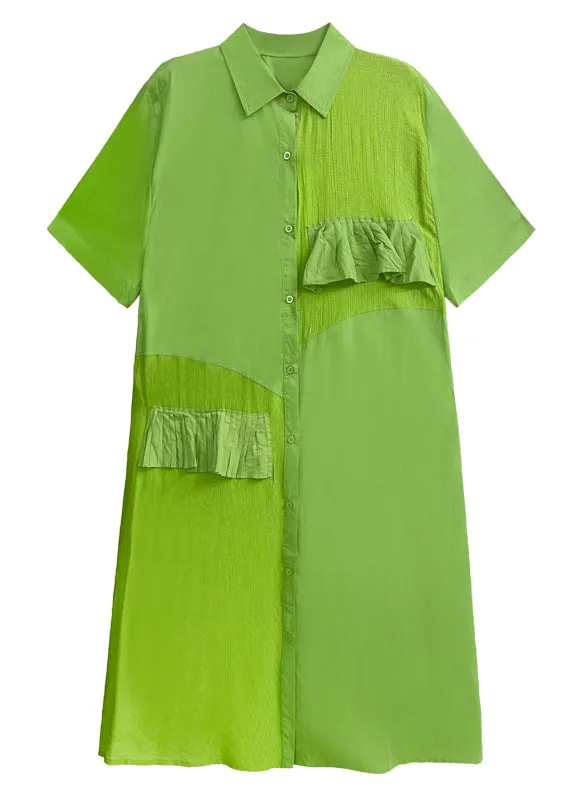 Chic Grass Green Ruffled Button Patchwork Cotton Shirts Dress Summer LY9527
