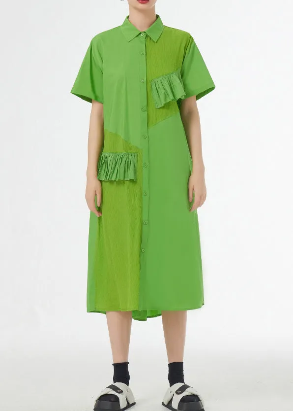 Chic Grass Green Ruffled Button Patchwork Cotton Shirts Dress Summer LY9527