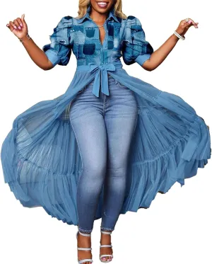 Choichic Women' Button Down Shirts High Waist Short Sleeve Sheer Mesh Patchwork Maxi Dress Long Shirts Tunics with Belt