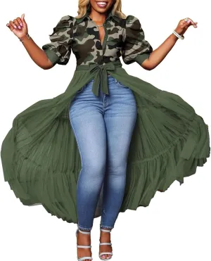 Choichic Women' Button Down Shirts High Waist Short Sleeve Sheer Mesh Patchwork Maxi Dress Long Shirts Tunics with Belt