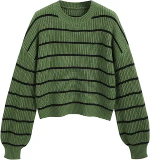 CIDER Womens Cropped Striped Sweater Long Sleeve Crew Neck Trendy Pullover Tops