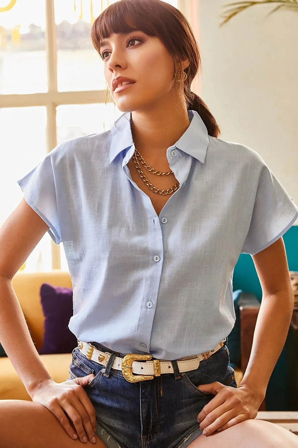 Classic Linen Blend Button Down Short Sleeve Shirt