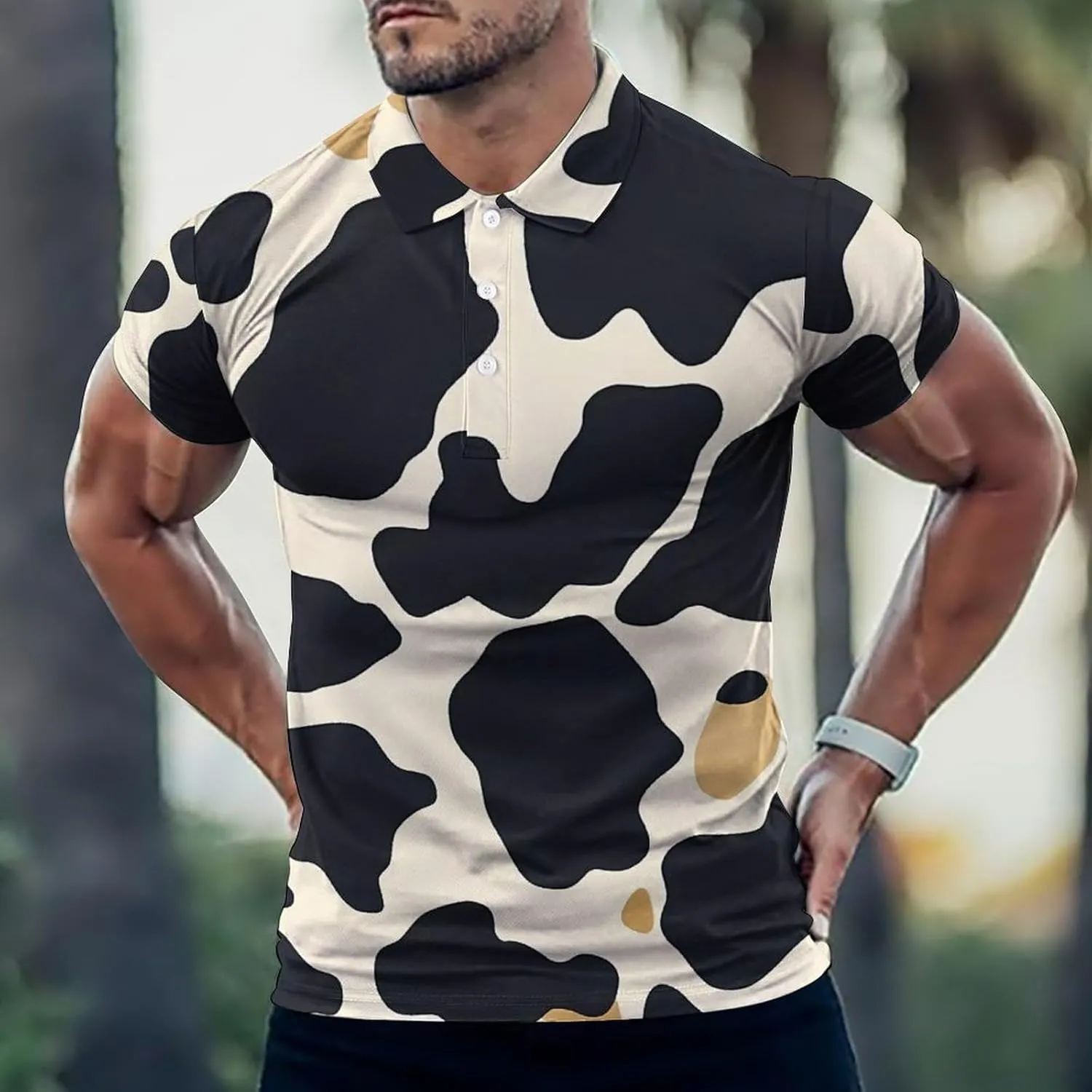 Cow Pattern Slim Fit Men's Short Sleeve Polo Shirts Quick-Dry Breathable Golf T-Shirt Tops