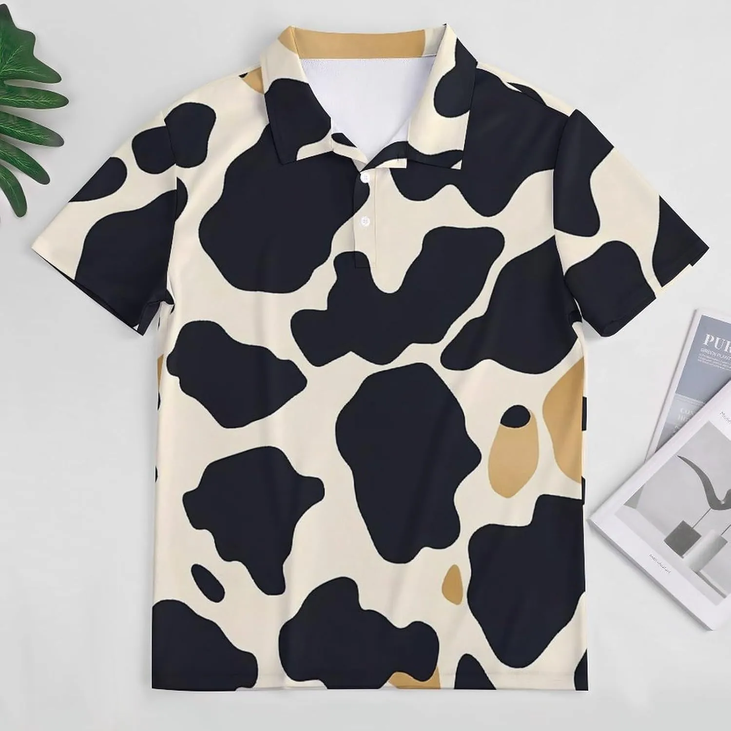 Cow Pattern Slim Fit Men's Short Sleeve Polo Shirts Quick-Dry Breathable Golf T-Shirt Tops