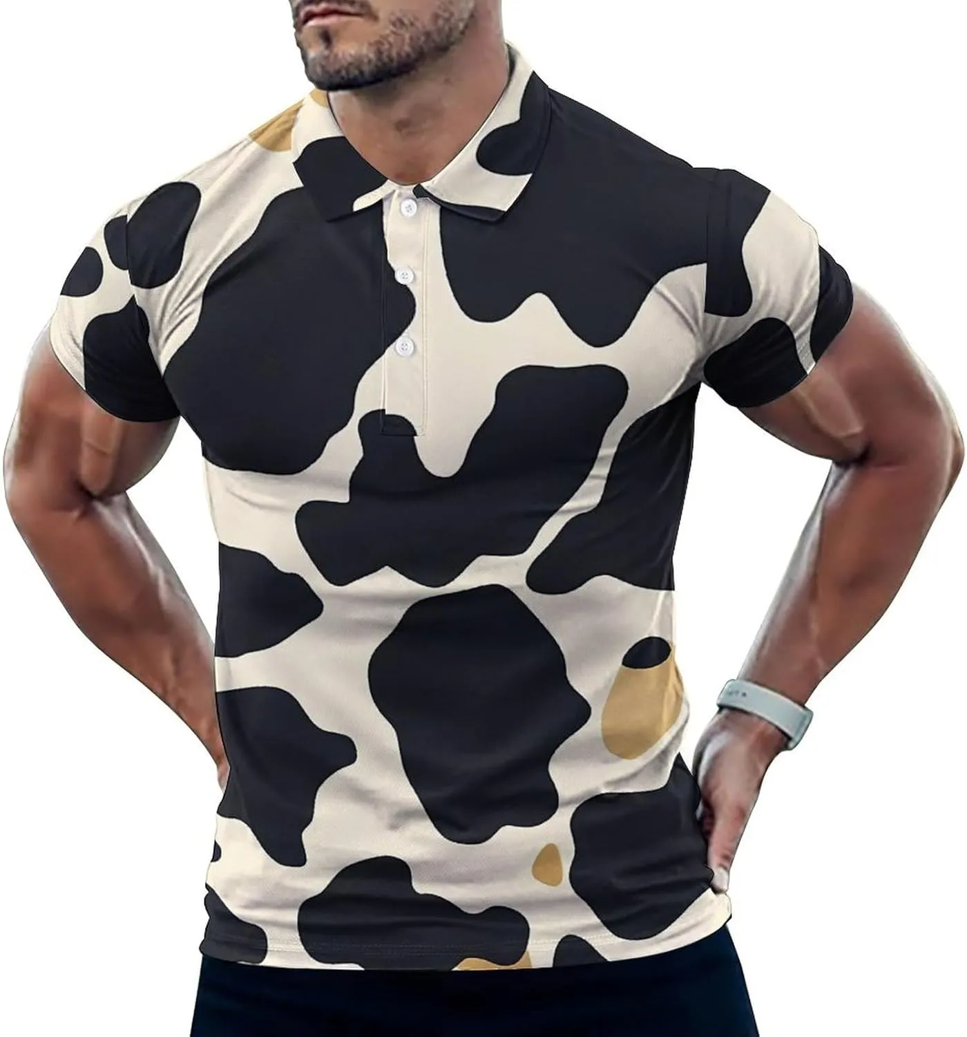 Cow Pattern Slim Fit Men's Short Sleeve Polo Shirts Quick-Dry Breathable Golf T-Shirt Tops