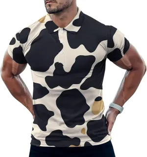 Cow Pattern Slim Fit Men's Short Sleeve Polo Shirts Quick-Dry Breathable Golf T-Shirt Tops