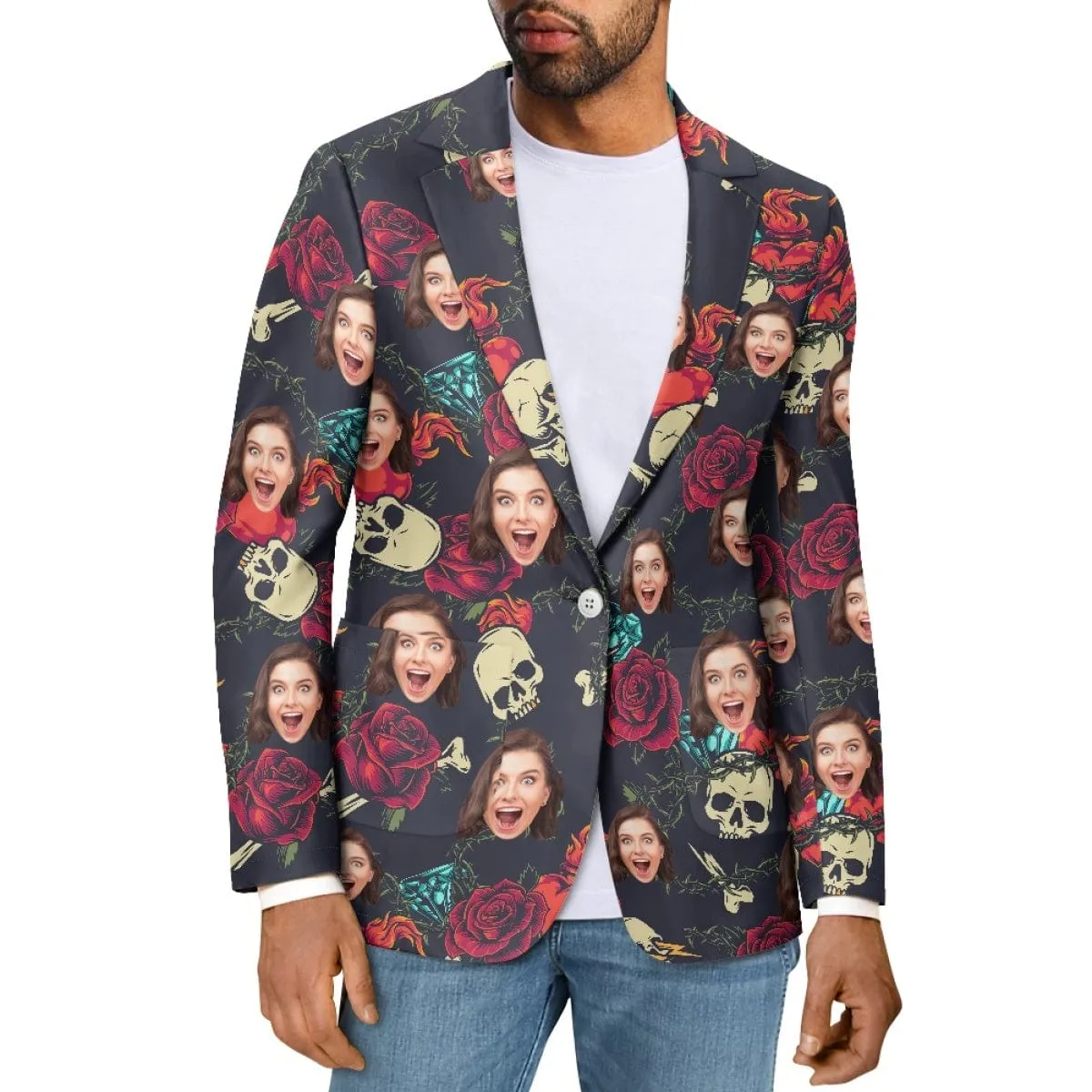 Custom Face Red Rose Skull Couple Casual Blazers Coat