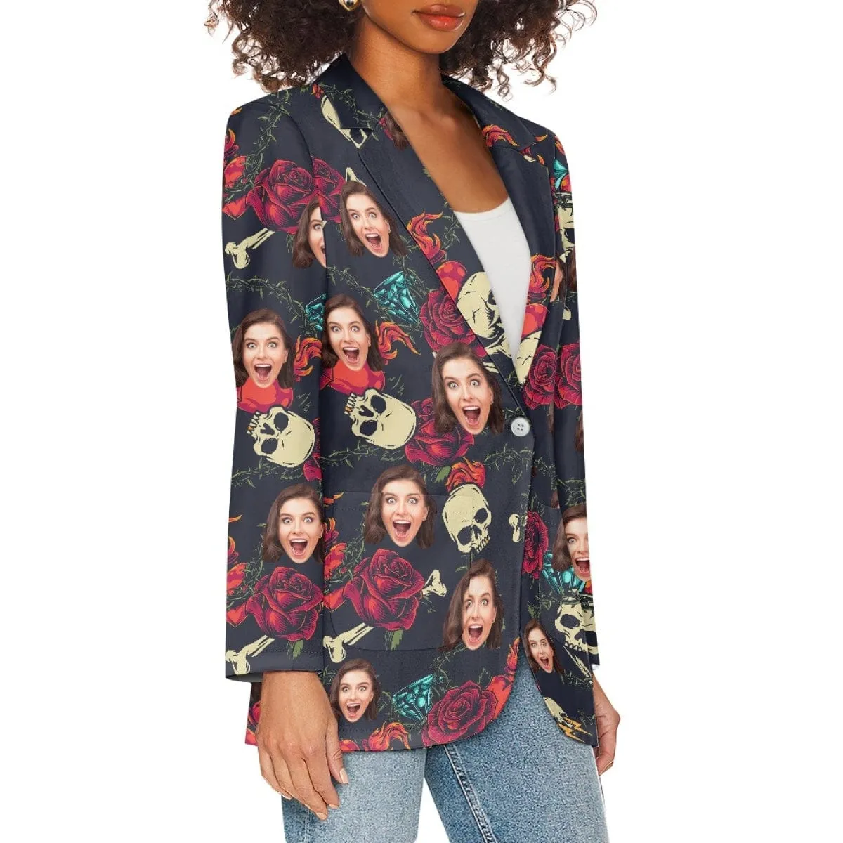 Custom Face Red Rose Skull Couple Casual Blazers Coat