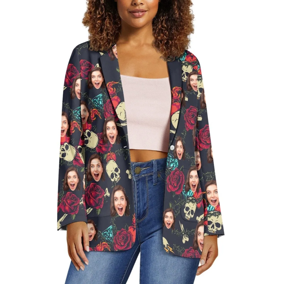 Custom Face Red Rose Skull Couple Casual Blazers Coat